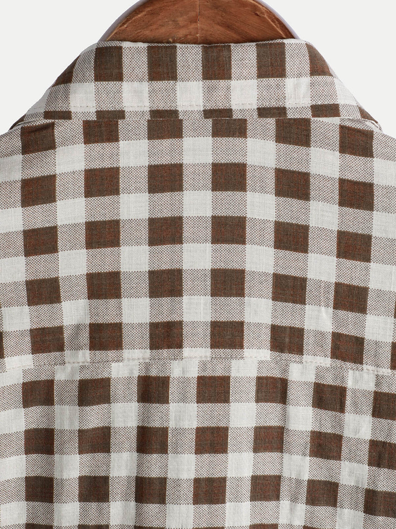 Camisa de manga corta de algodón con bolsillo y estampado de cuadros marrones para hombre