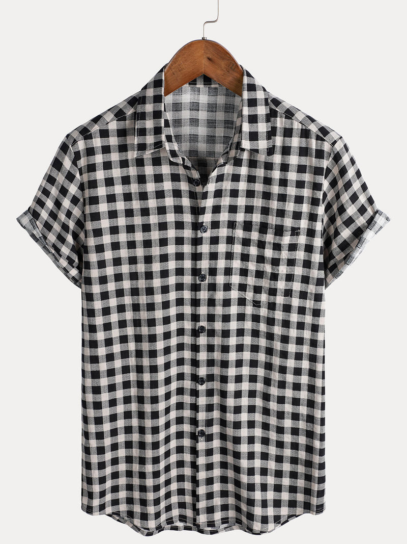 Camisa de manga corta de algodón con bolsillo y estampado de cuadros negros para hombre