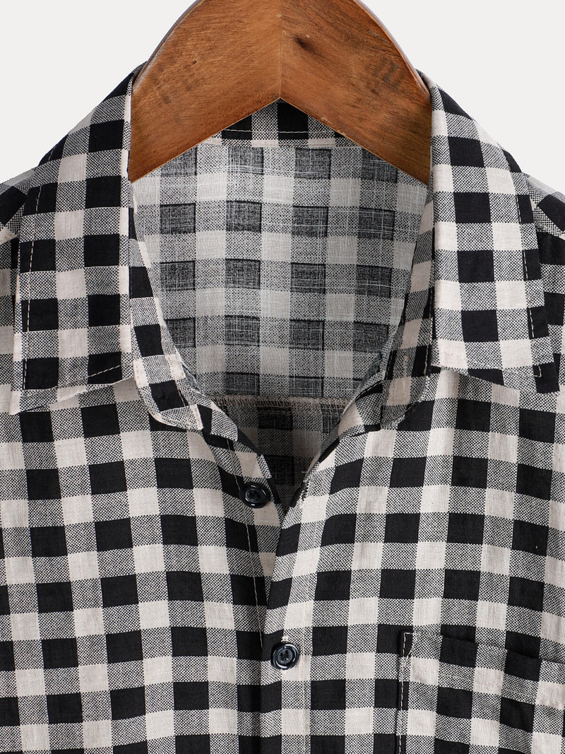 Camisa de manga corta de algodón con bolsillo y estampado de cuadros negros para hombre
