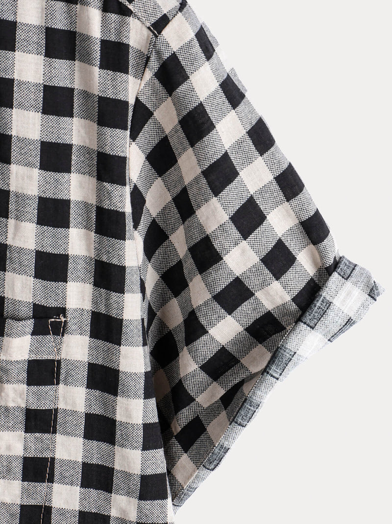 Camisa de manga corta de algodón con bolsillo y estampado de cuadros negros para hombre