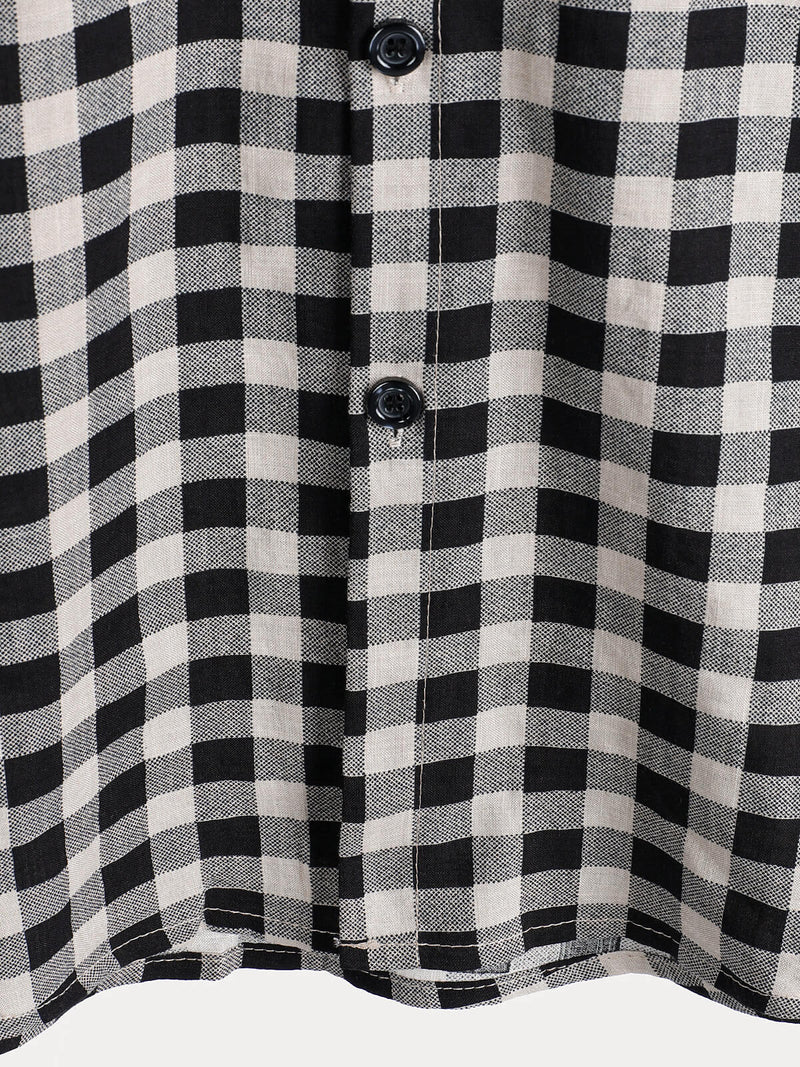 Camisa de manga corta de algodón con bolsillo y estampado de cuadros negros para hombre