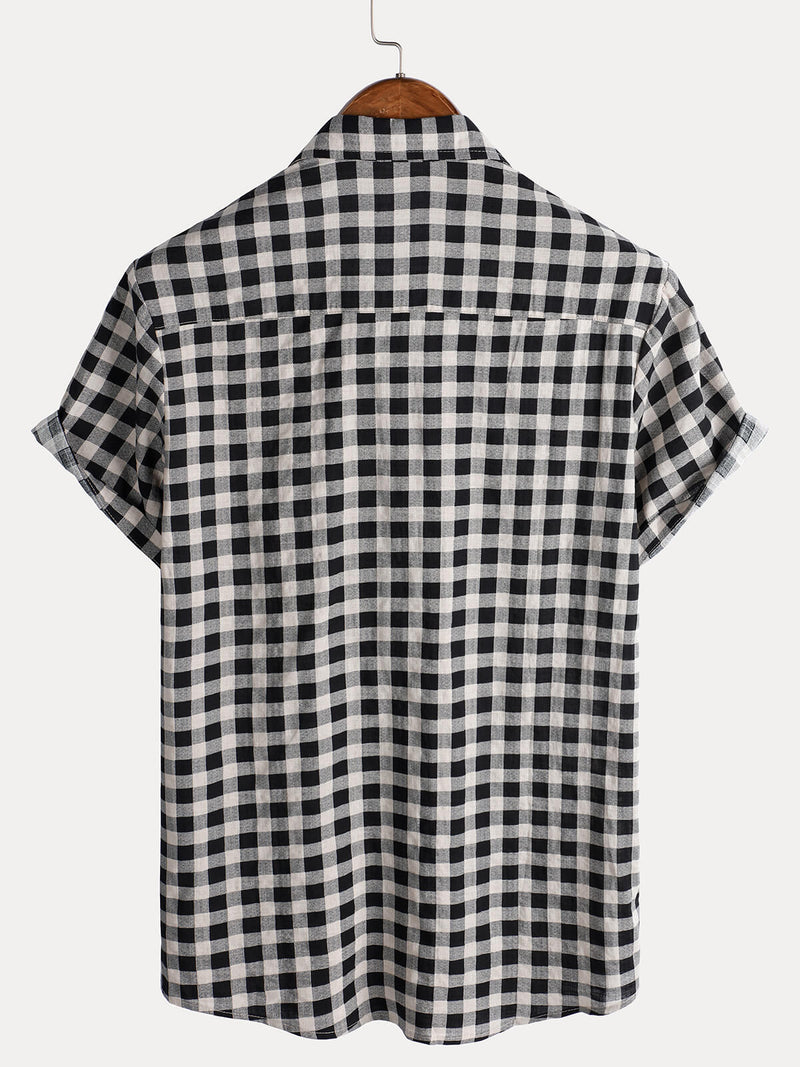Camisa de manga corta de algodón con bolsillo y estampado de cuadros negros para hombre