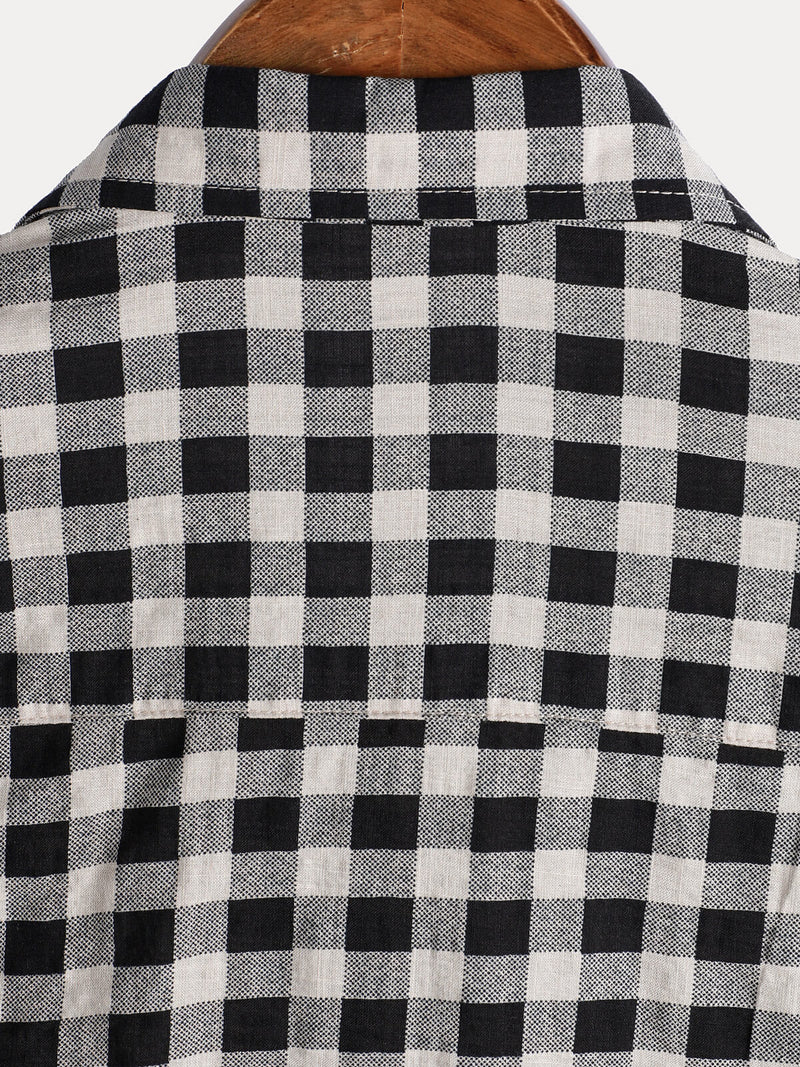 Camisa de manga corta de algodón con bolsillo y estampado de cuadros negros para hombre