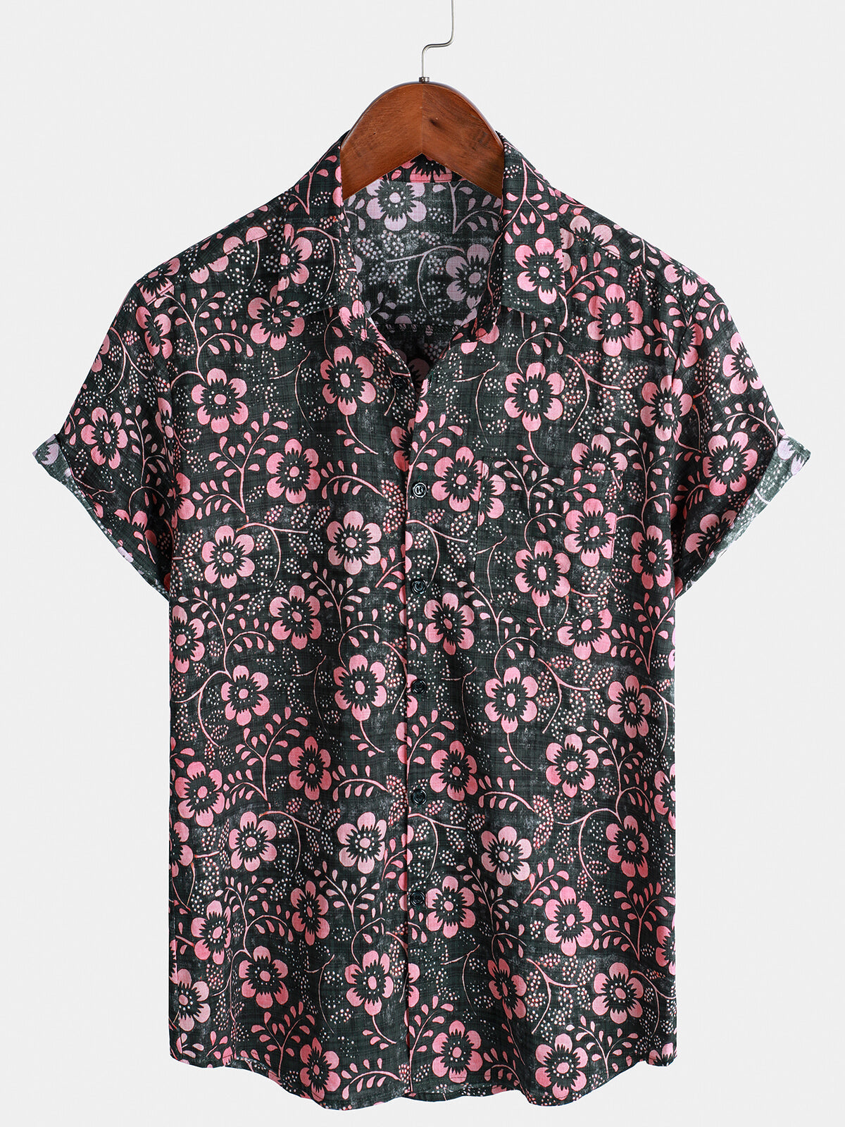 Camisa hawaiana de manga corta con bolsillo floral rosa para hombre