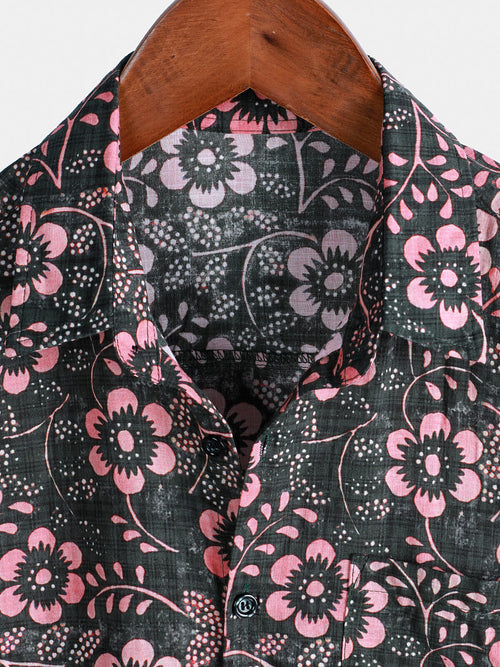 Camisa hawaiana de manga corta con bolsillo floral rosa para hombre