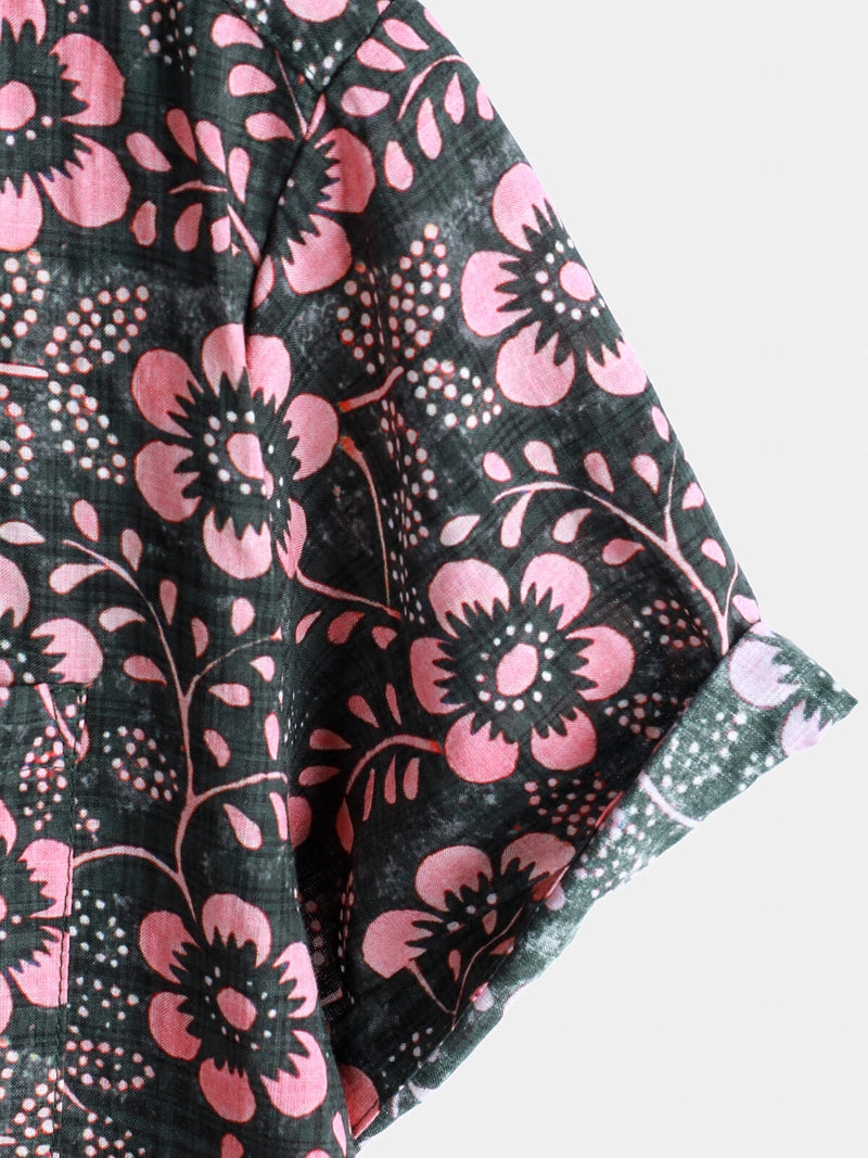 Camisa hawaiana de manga corta con bolsillo floral rosa para hombre