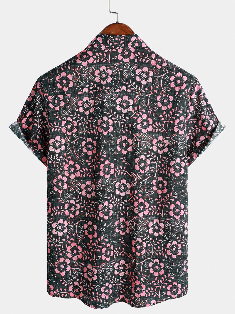 Camisa hawaiana de manga corta con bolsillo floral rosa para hombre