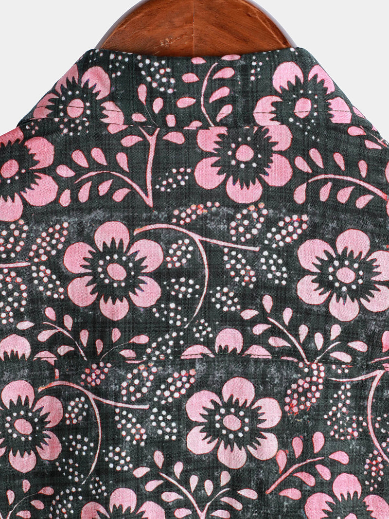 Camisa hawaiana de manga corta con bolsillo floral rosa para hombre