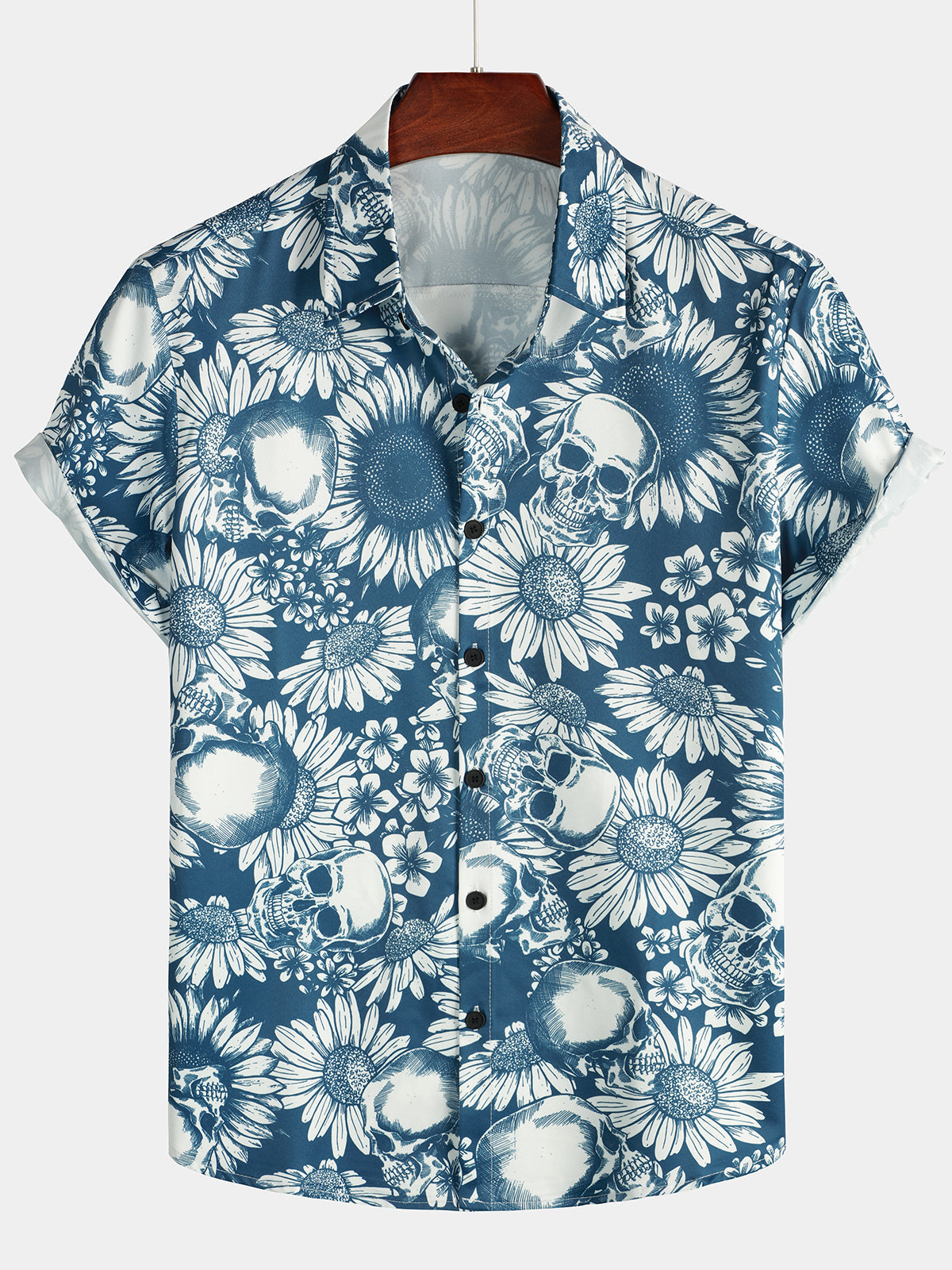 Camisa hawaiana de manga corta con calavera y girasol azul para hombre