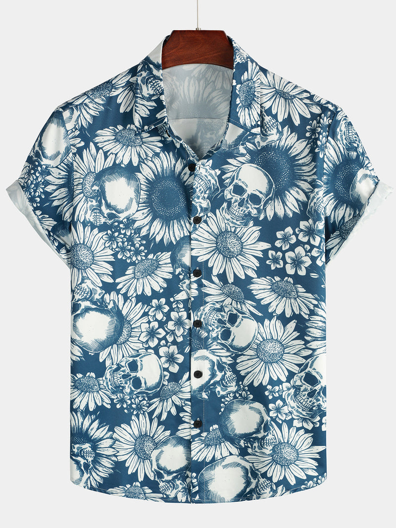 Camisa hawaiana de hombre de manga corta con botones y estampado de calaveras y girasoles en azul rock and roll