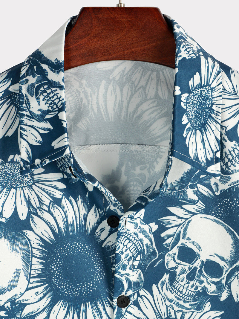 Camisa hawaiana de hombre de manga corta con botones y estampado de calaveras y girasoles en azul rock and roll