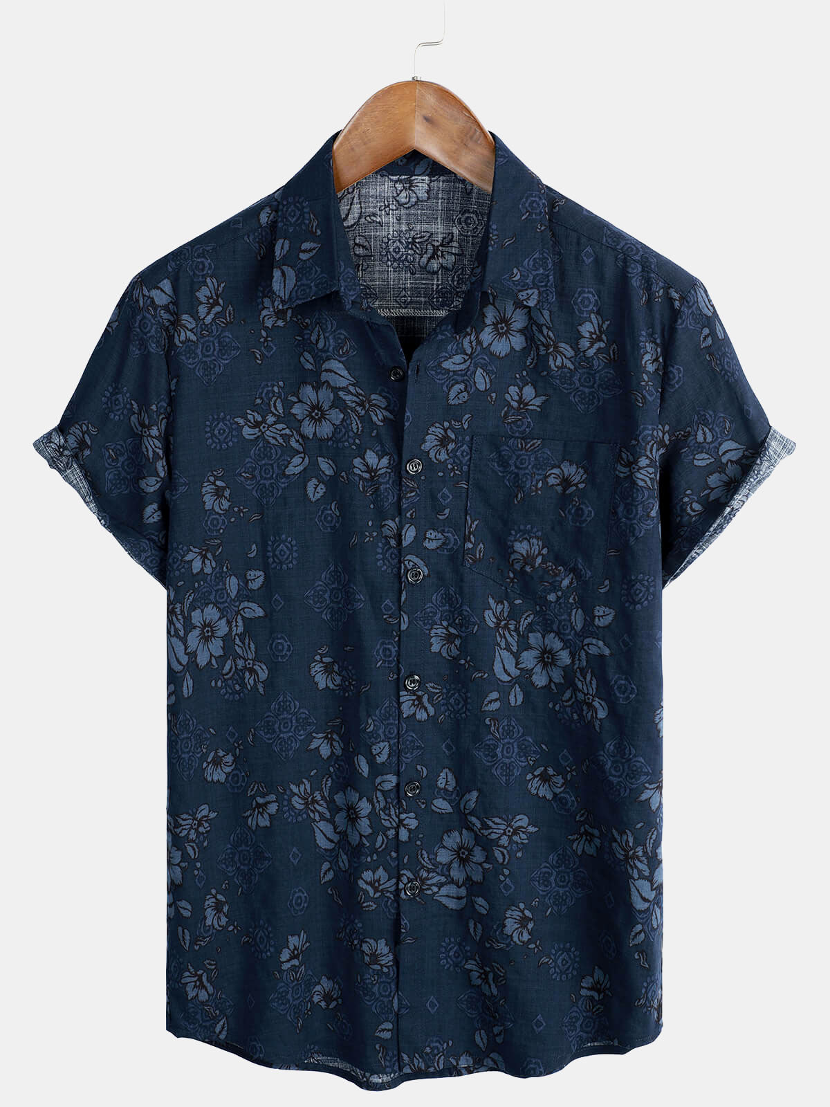 Camisa hawaiana vintage con estampado floral de algodón azul para hombre