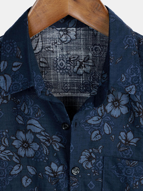 Camisa hawaiana vintage con estampado floral de algodón azul para hombre