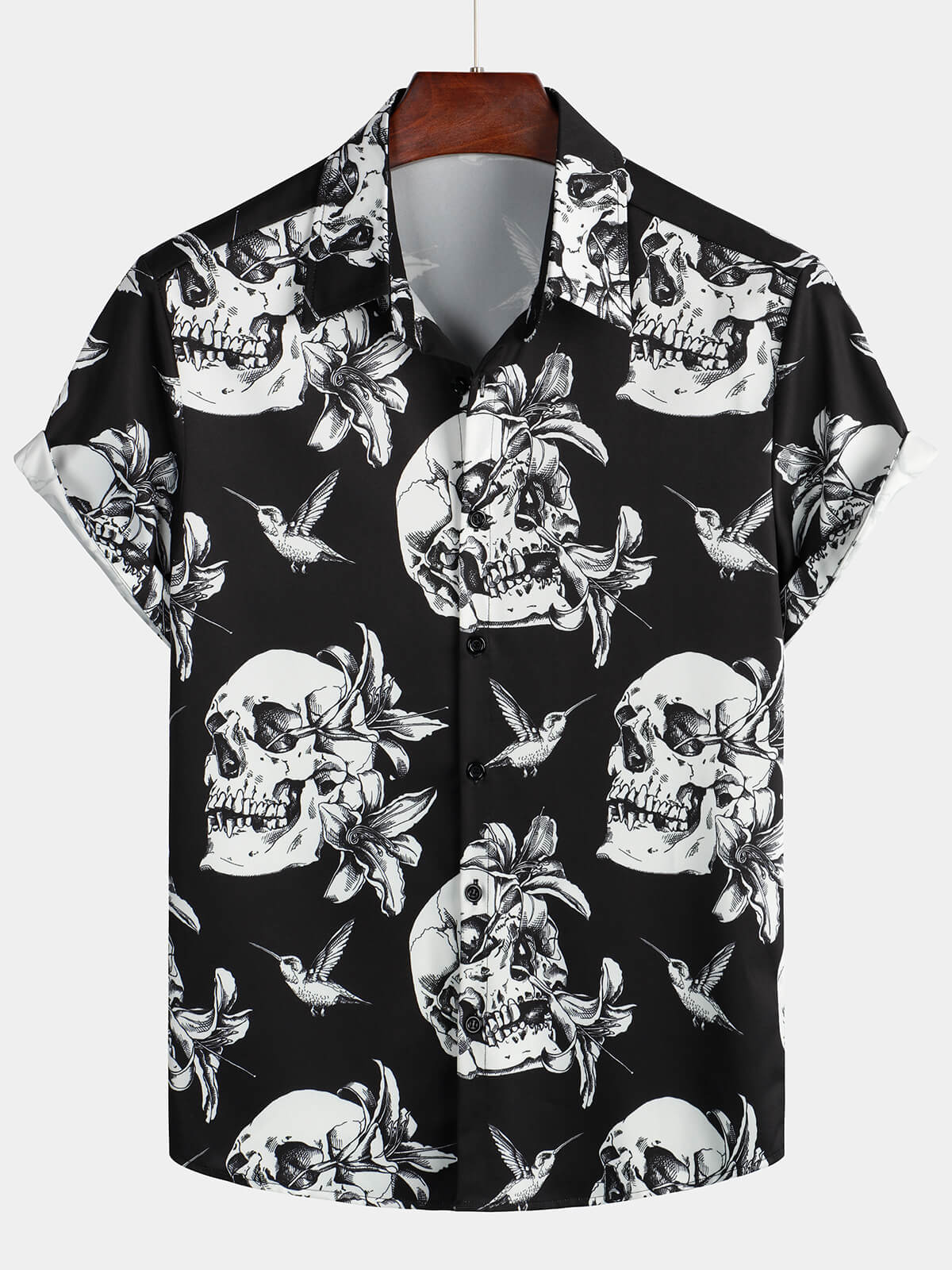 Camisa hawaiana de manga corta con calavera punk rock negra para hombre