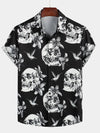 Camisa hawaiana de hombre de manga corta con botones y estampado de calaveras y colibríes en negro estilo punk rock