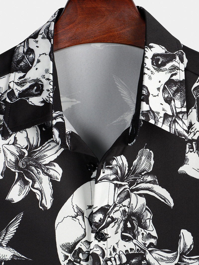 Camisa hawaiana de hombre de manga corta con botones y estampado de calaveras y colibríes en negro estilo punk rock