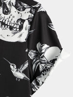 Camisa hawaiana de hombre de manga corta con botones y estampado de calaveras y colibríes en negro estilo punk rock