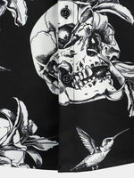 Camisa hawaiana de hombre de manga corta con botones y estampado de calaveras y colibríes en negro estilo punk rock