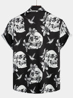 Camisa hawaiana de hombre de manga corta con botones y estampado de calaveras y colibríes en negro estilo punk rock