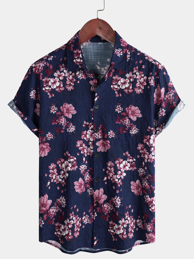 Camisa de playa informal de algodón de manga corta con estampado floral para hombre