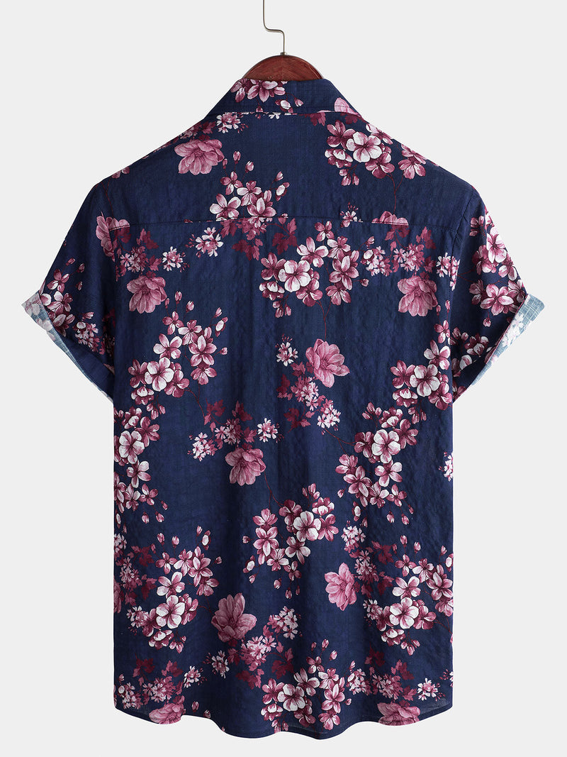 Camisa de playa informal de algodón de manga corta con estampado floral para hombre