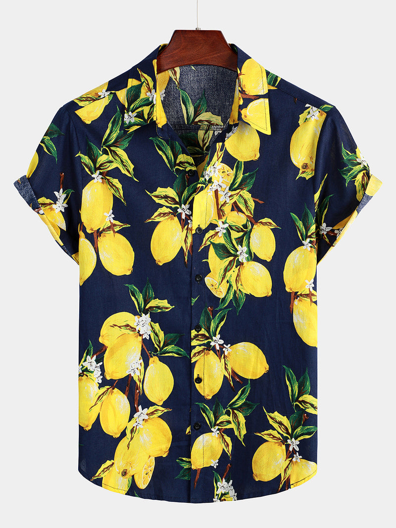 Camisa de hombre hawaiana de manga corta con estampado de limones amarillos tropicales