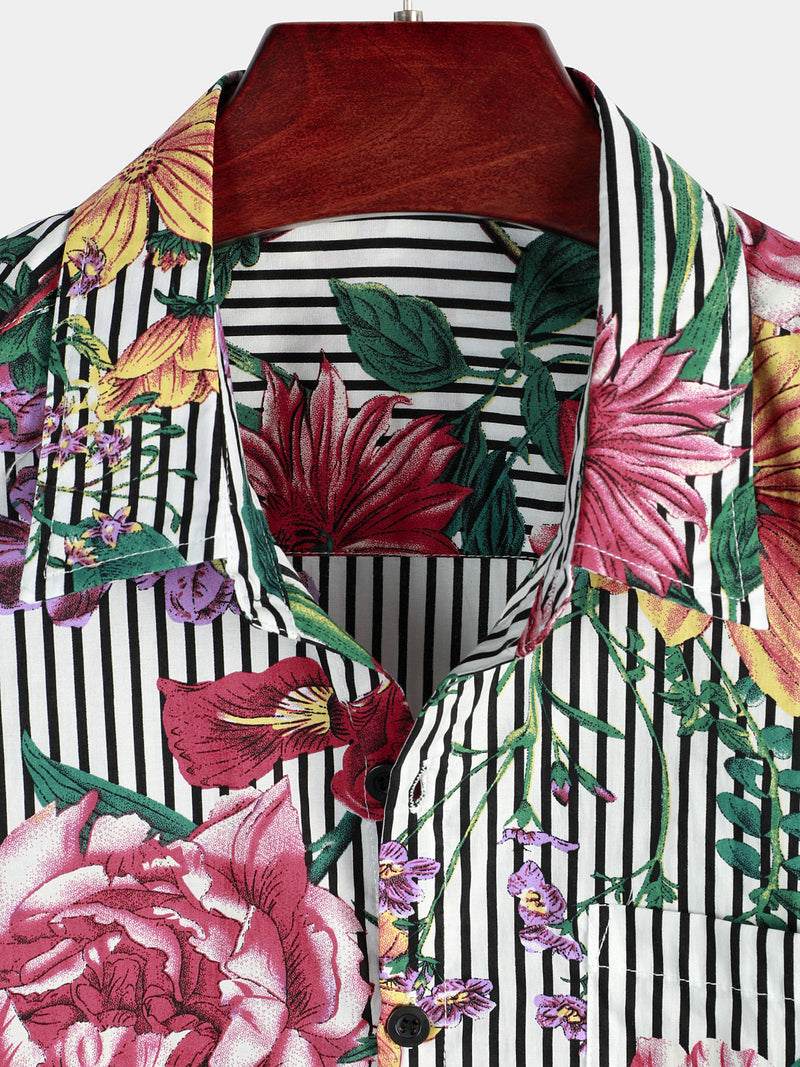 Camisa hawaiana de manga corta con estampado a rayas y floral para hombre