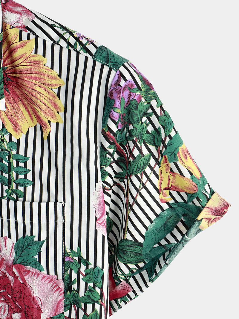 Camisa hawaiana de manga corta con estampado a rayas y floral para hombre