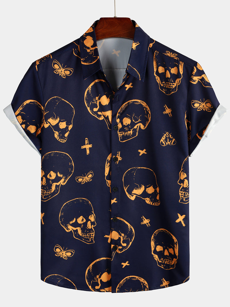 Camisa hawaiana de hombre de manga corta con botones y estampado gráfico de calaveras naran