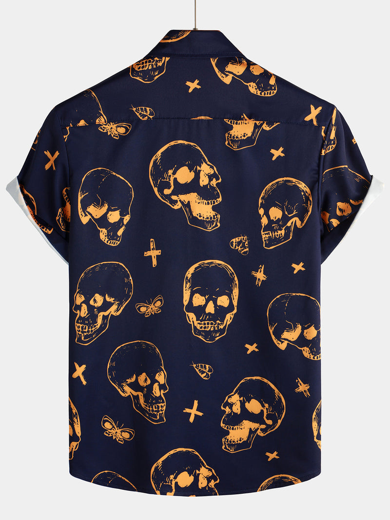 Camisa hawaiana de hombre de manga corta con botones y estampado gráfico de calaveras naran