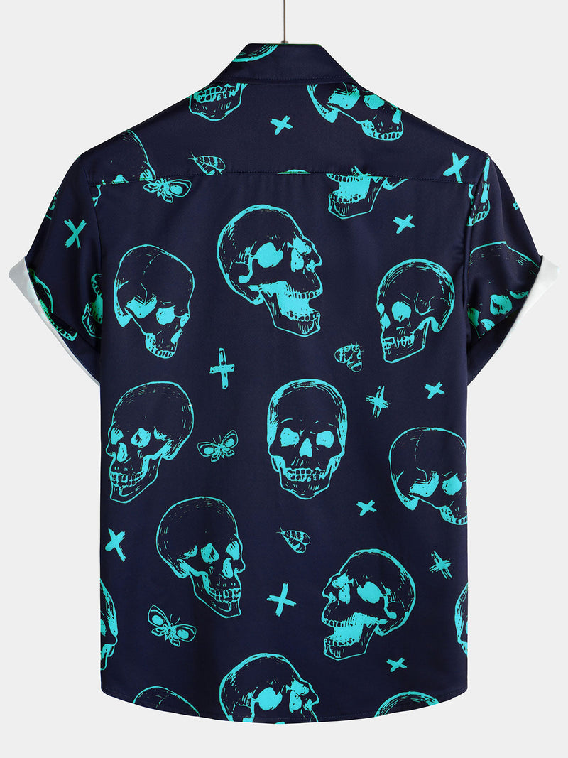 Camisa hawaiana de manga corta con botones y estampado artístico de calavera azul para hombre