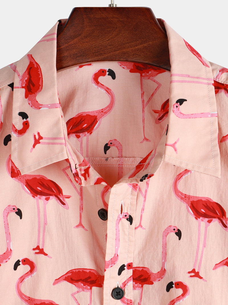 Camisa hawaiana de manga corta con estampado de flamencos para hombres