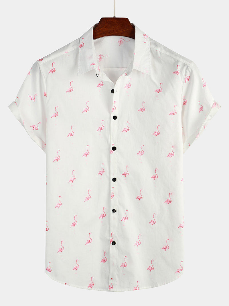 Camisa hawaiana casual de manga corta con estampado de flamencos tropicales y botones para hombre ideal para vacaciones