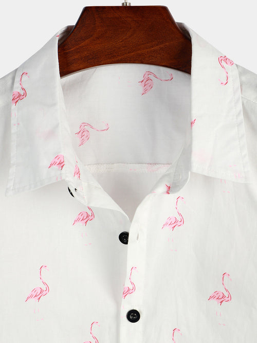 Camisa de hombre de manga corta con estampado de flamencos rosas y botones