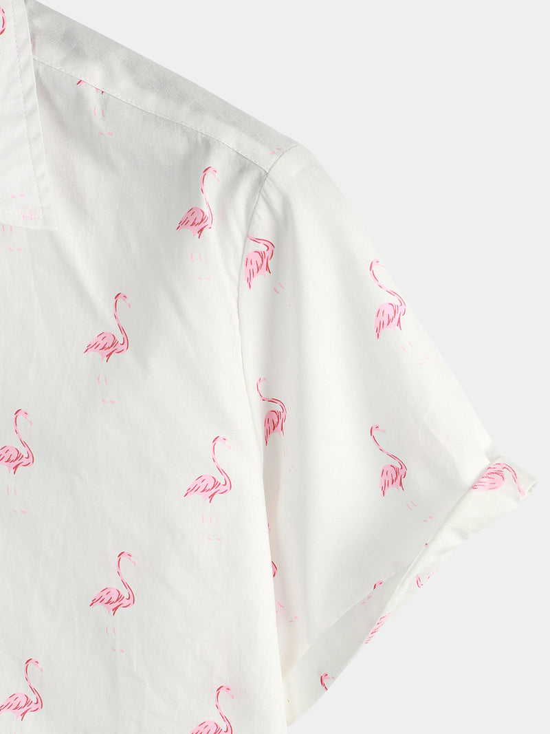 Camisa de hombre de manga corta con estampado de flamencos rosas y botones