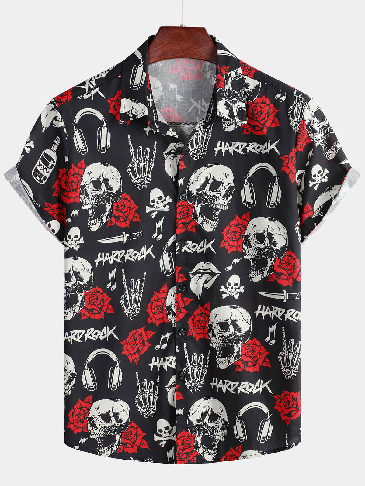 Camisa hawaiana de manga corta con estampado floral de calavera y rosa para hombre estilo punk rockero y rockero