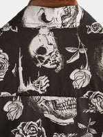 Camisa con botones estilo punk rock and roll con estampado floral de rosas y calaveras para hombre