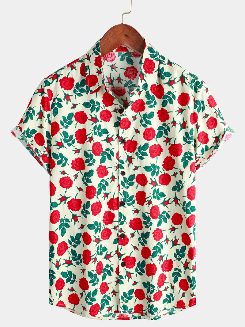 Camisa de manga corta de algodón en beige con estampado de rosas transpirable y botones para hombres ideal para la playa en verano