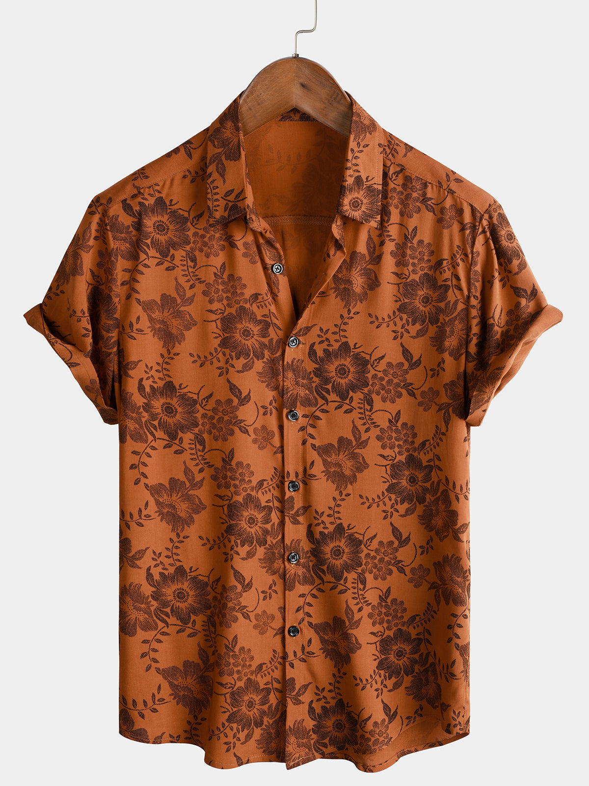 Camisa de manga corta con estampado floral vintage marrón para hombre