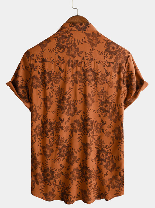 Camisa de manga corta con botones y estampado floral vintage para hombre, color marrón, transpirable y para vacaciones