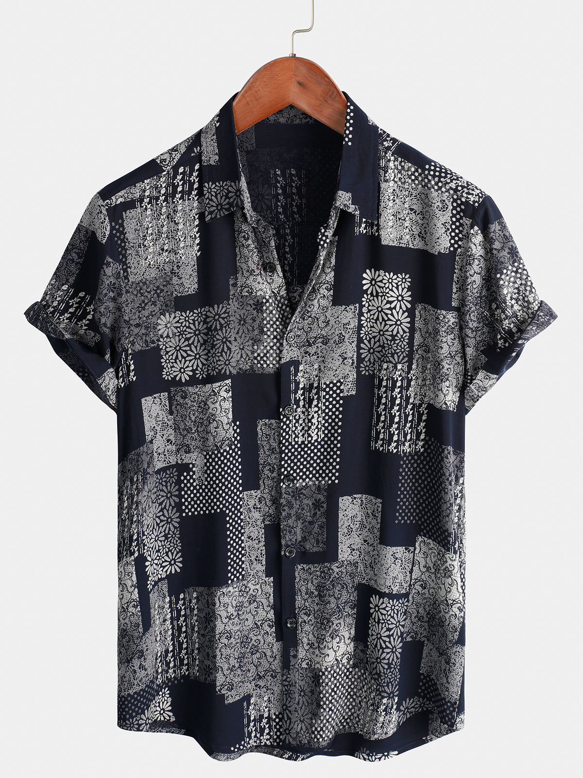 Camisa de hombre con estampado floral de manga corta y diseño retro de patchwork