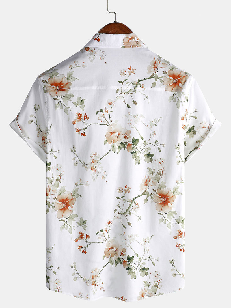 Camisa hawaiana de algodón con estampado floral de manga corta para hombre
