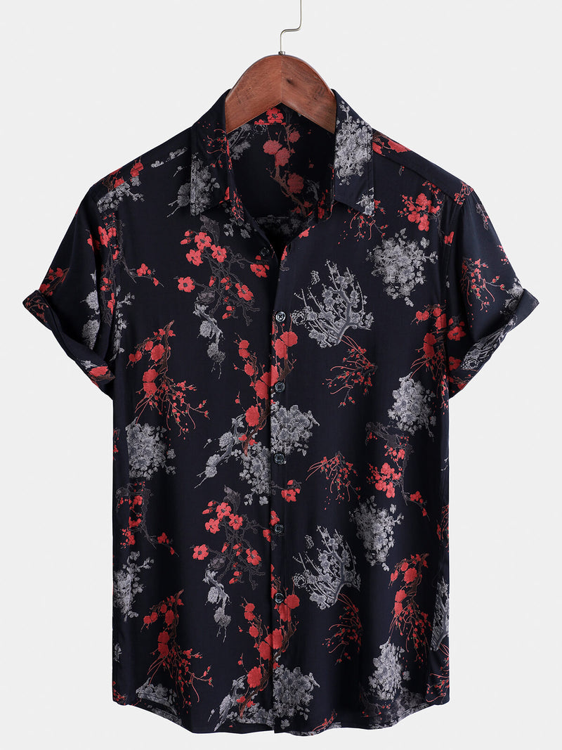 Camisa informal de manga corta con estampado floral de rayón para hombre