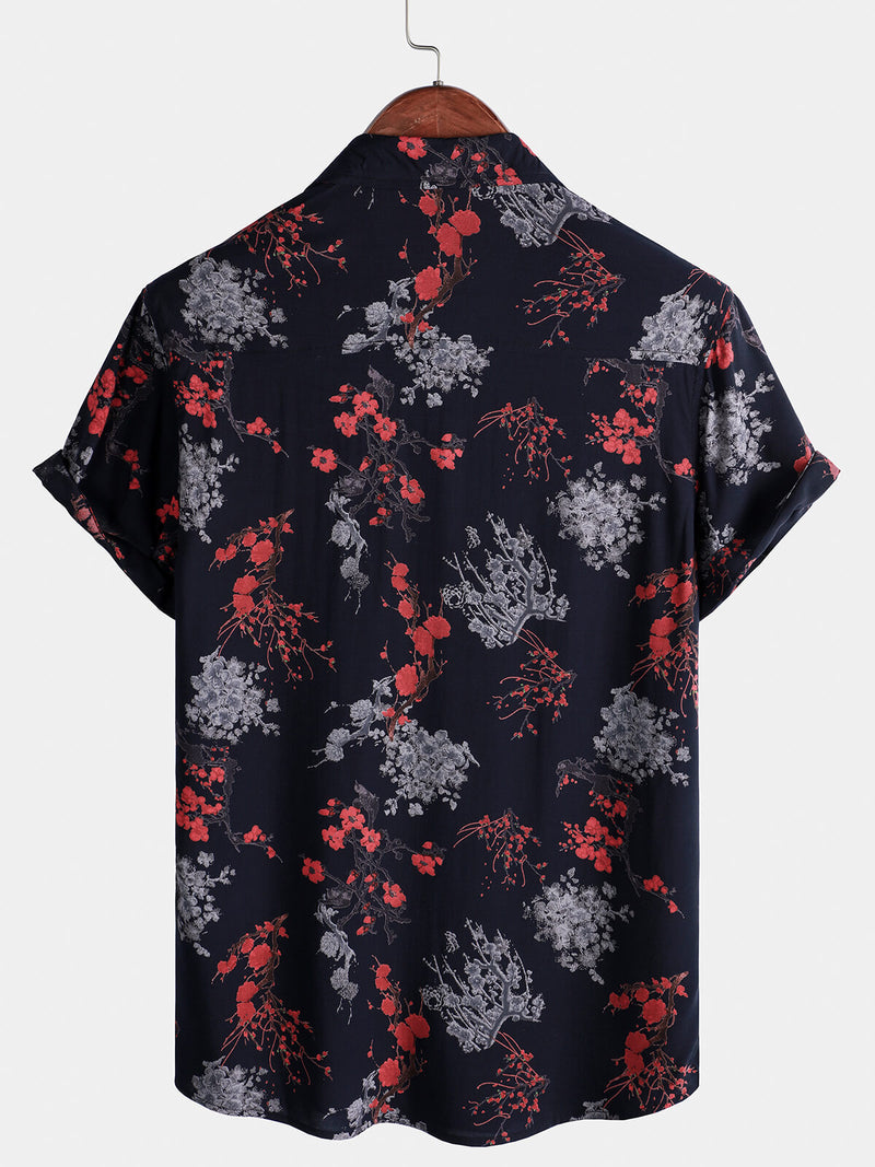 Camisa informal de manga corta con estampado floral de rayón para hombre