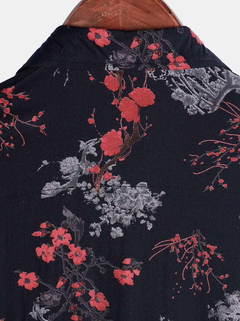 Camisa informal de manga corta con estampado floral de rayón para hombre