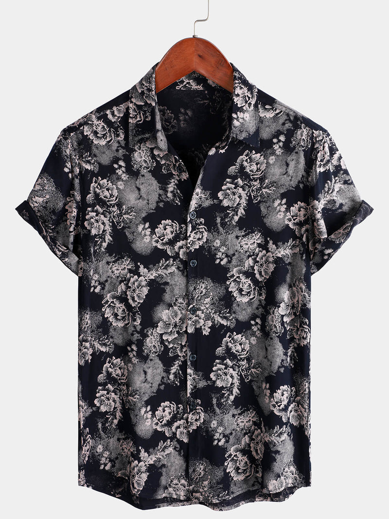 Camisa de manga corta de verano con estampado floral de rayón para hombre