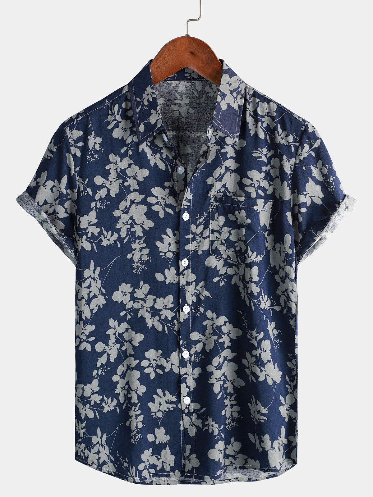 Camisa de manga corta con estampado floral vintage azul marino para hombre
