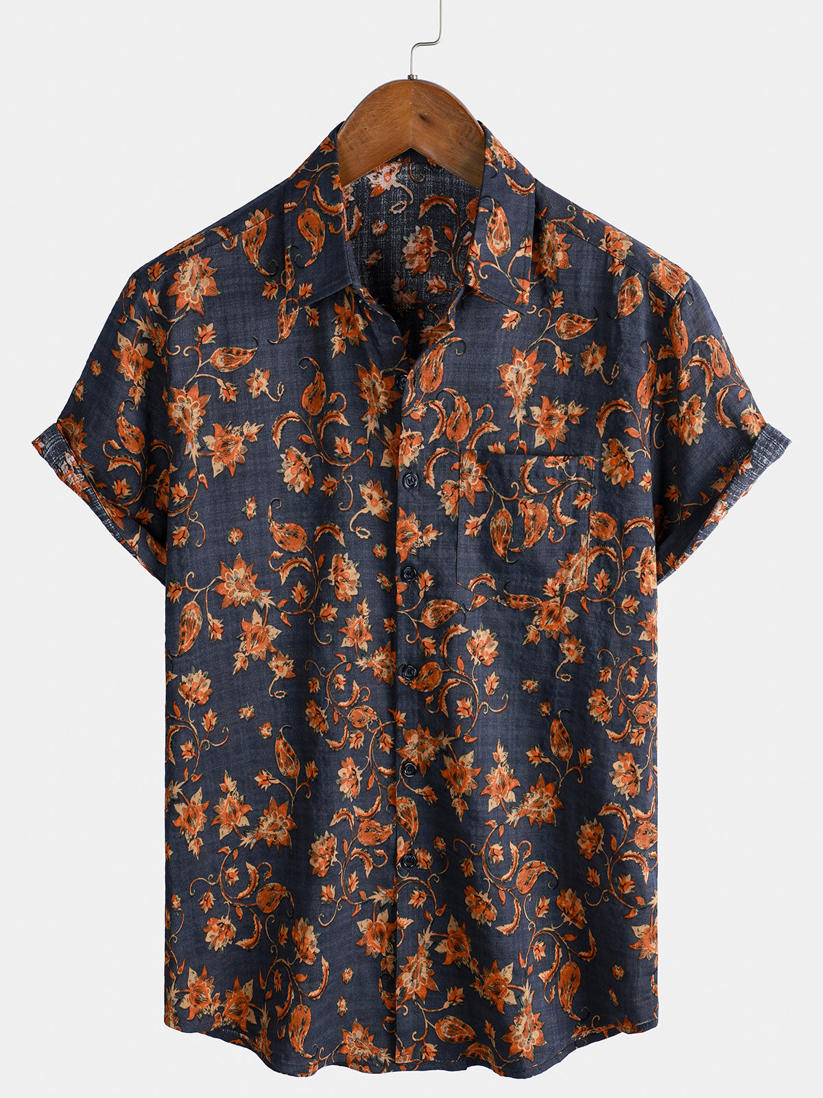 Camisa de manga corta transpirable con bolsillo floral vintage para hombre