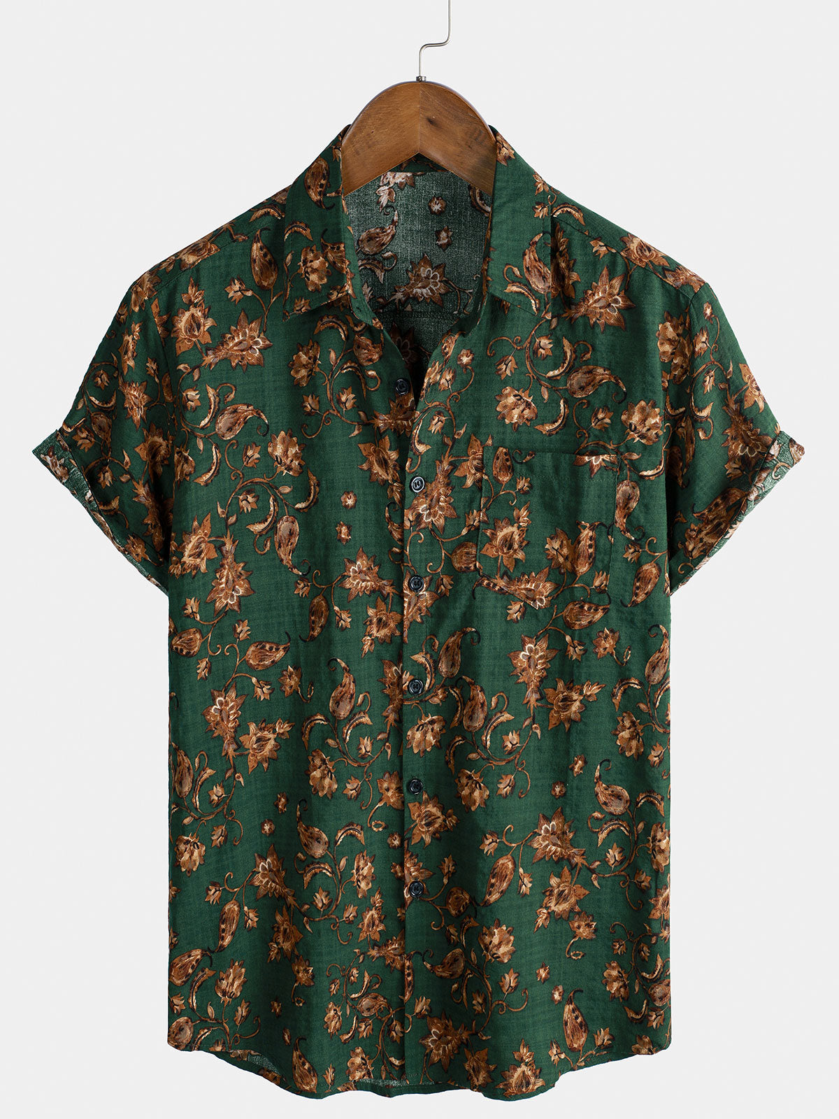 Camisa de manga corta transpirable con bolsillo y estampado floral retro para hombre