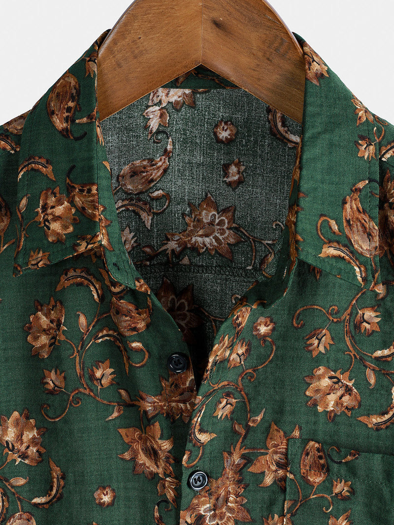 Camisa de manga corta transpirable con bolsillo y estampado floral retro para hombre